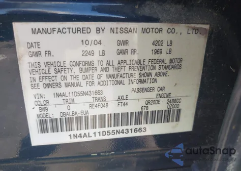 2005 Nissan Altima 2.5 S z USA, uszkodzony, nr VIN 1N4AL11D55N431663